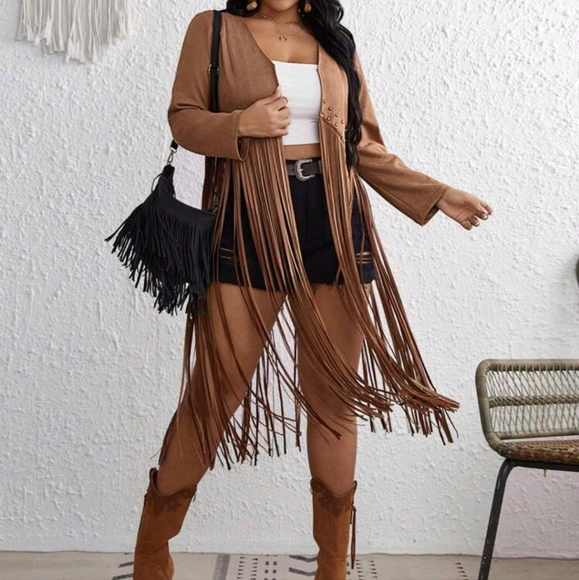 NEW PLUS SZ FRINGE HEM BEADED DETAIL OPEN FRONT COAT VEST - Picture 6 of 6